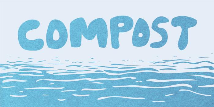 COMPOST logo in blue over water reflections