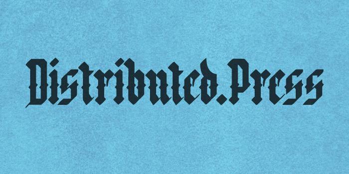 Distributed Press workmark written in black Gothic text on blue.